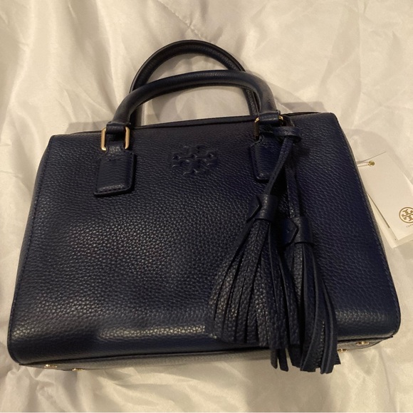 NWT Tory Burch Thea Web Small Satchel Royal Navy with TWO Straps - Picture 3 of 4